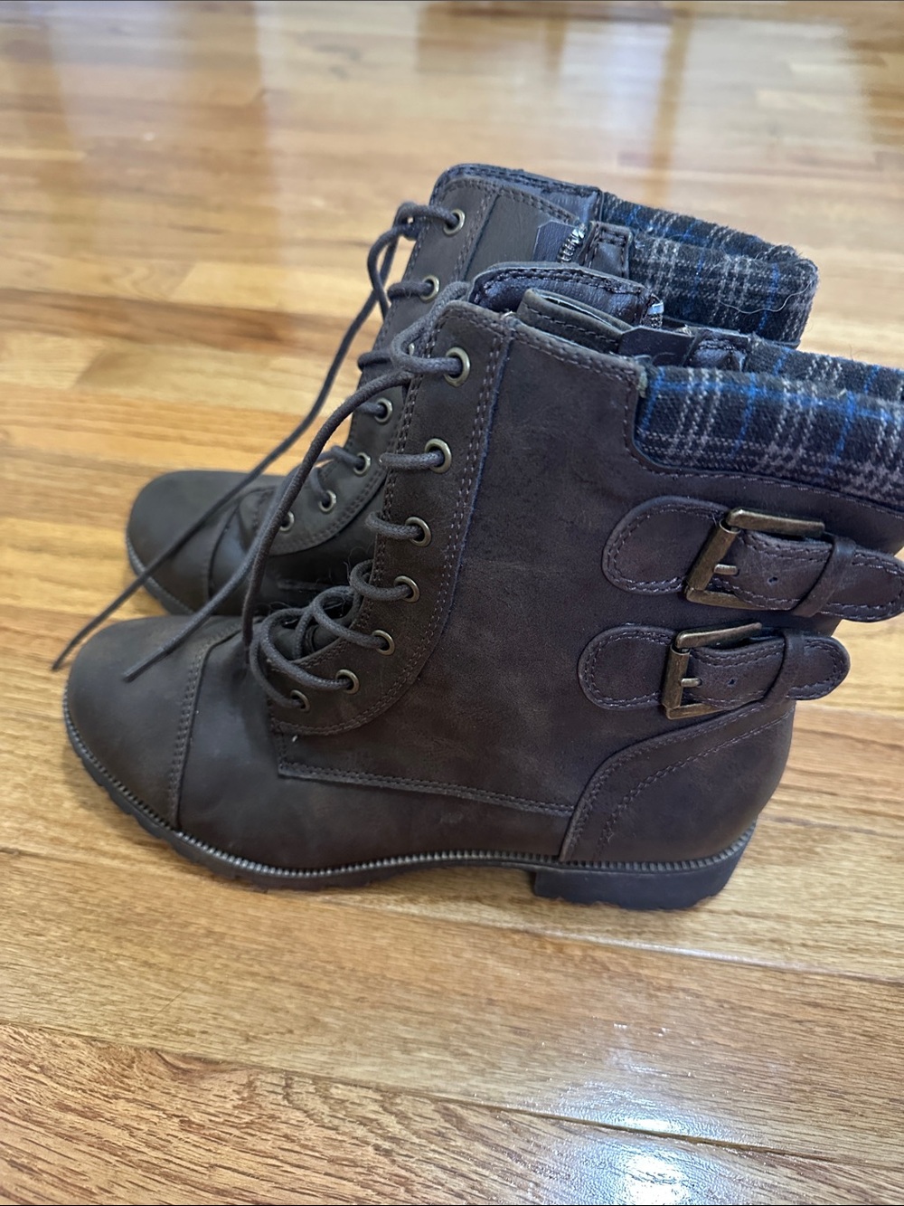 Women’s Lace-Up Ankle Boots with Plaid Cuff - Brown